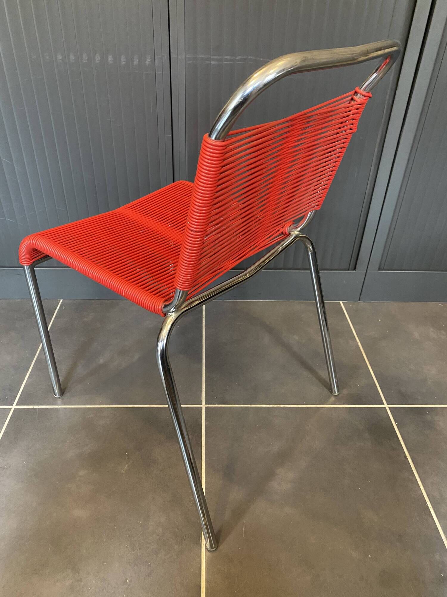 Scoubidou chair or vintage 1960 red chrome spaghetti chair