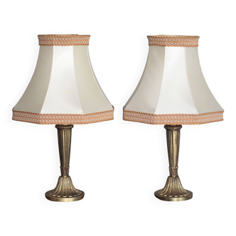 Pair of bronze lamps with fabric shades, bedside lamp.