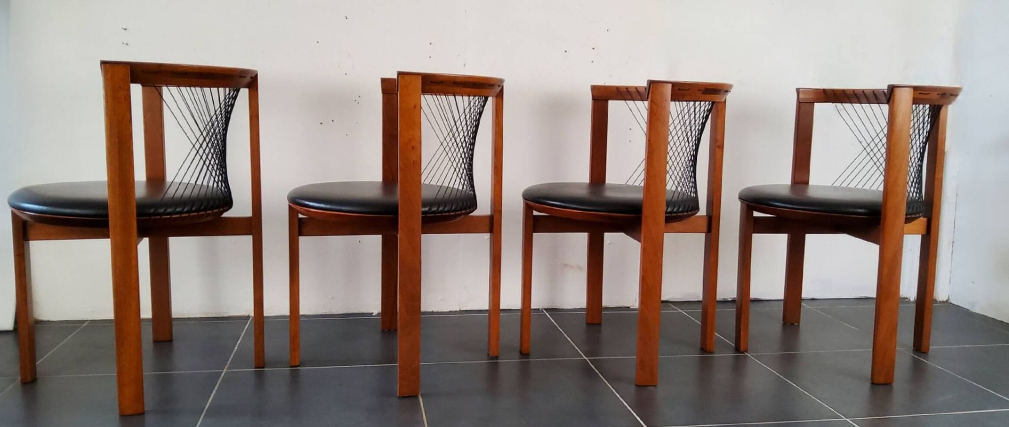 Niels Jorgen Haugesen String wood and leather chairs for Tranekaer, Denmark