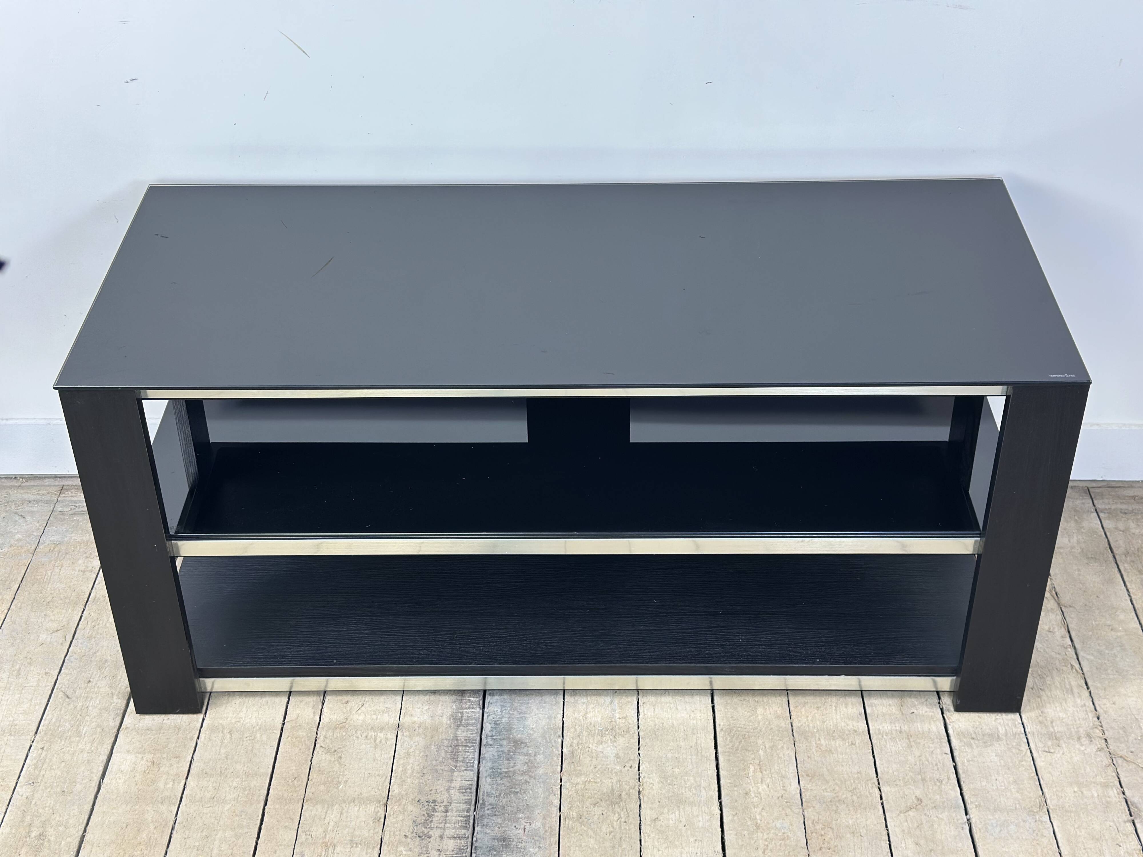 Tv hi-fi unit in black melamine and brushed aluminium, vintage 80s.