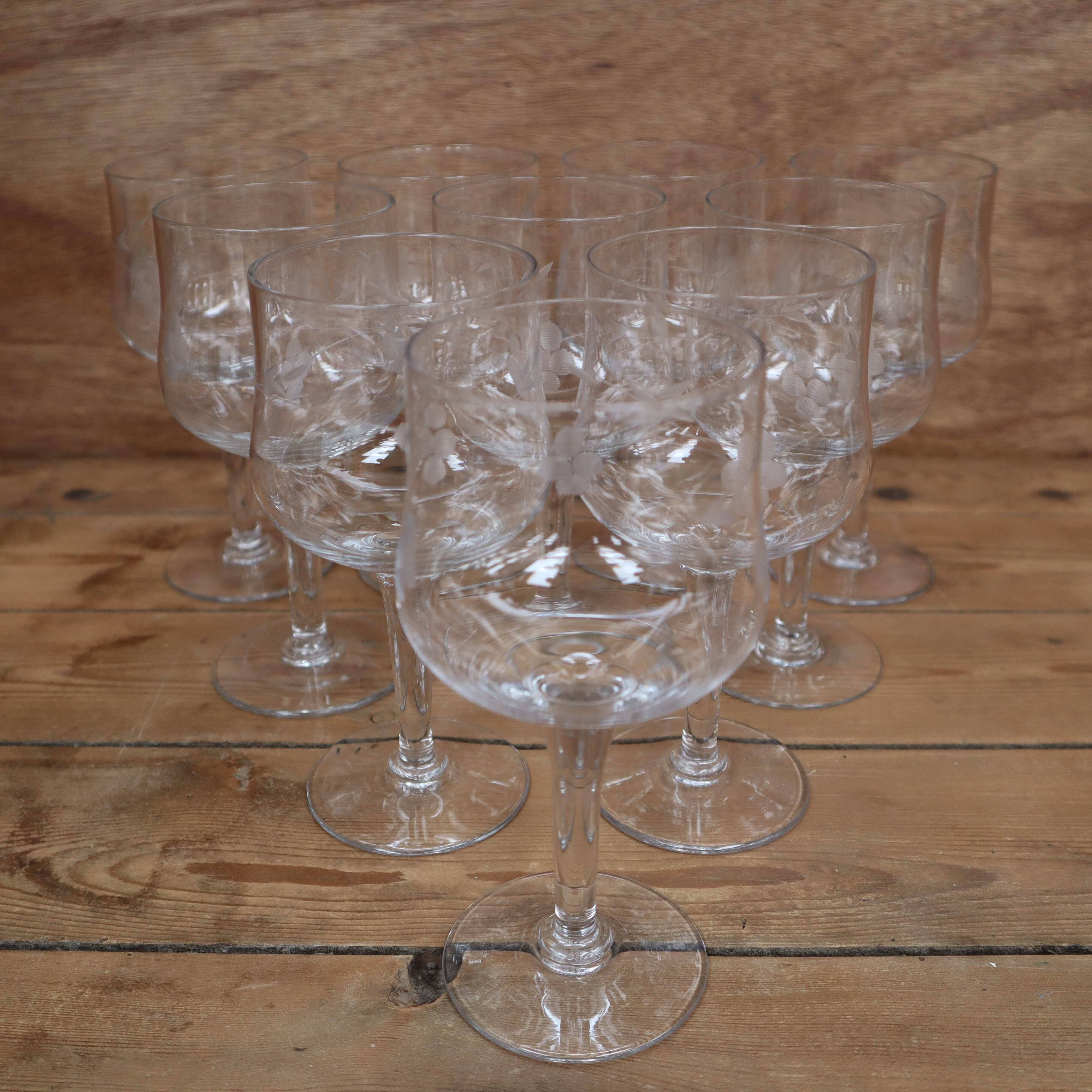 10 antique hand-blown wine glasses engraved with floral decoration