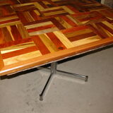 Square table in solid wood mosaic and foot chrome around 1970