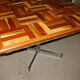 Square table in solid wood mosaic with chrome base, circa 1970