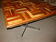 Square table in solid wood mosaic with chrome base, circa 1970