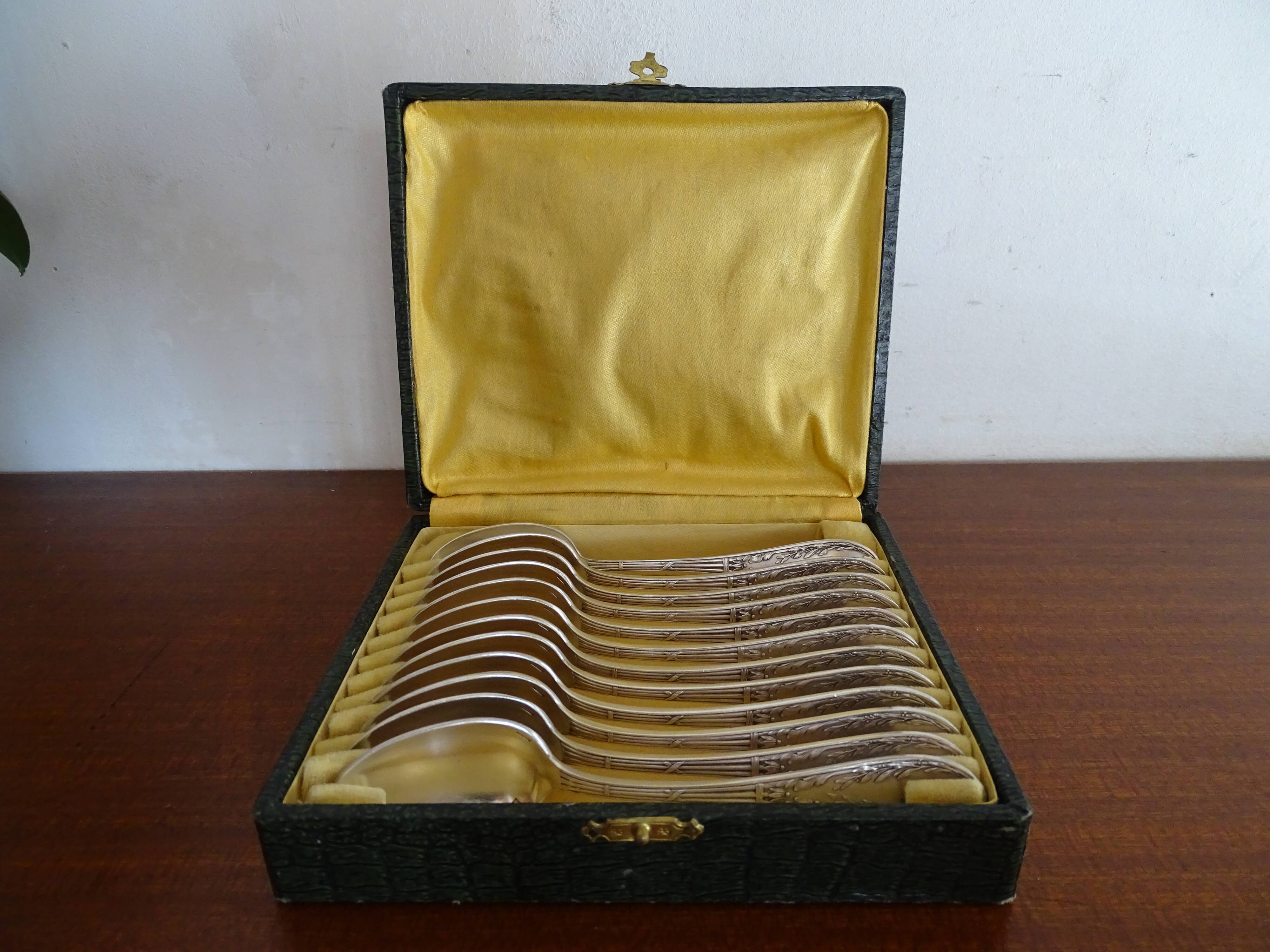 12 dessert spoons Apollo silver metal 1920 in case