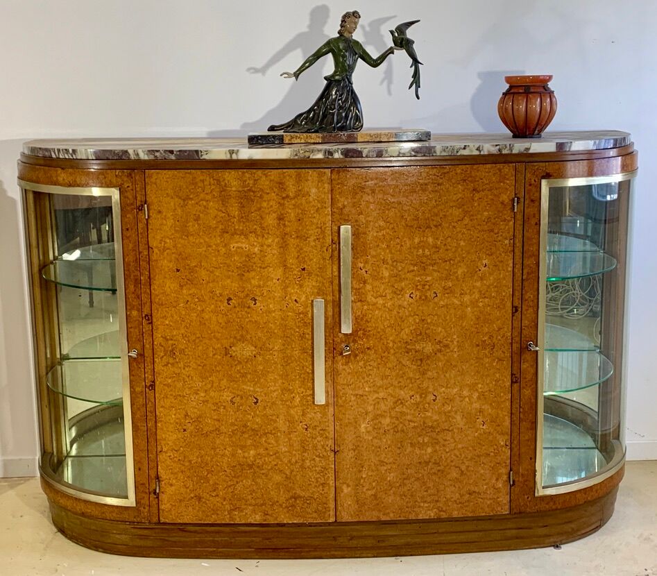 Art Deco period sideboard in precious wood veneer, Loupe d'Amboine