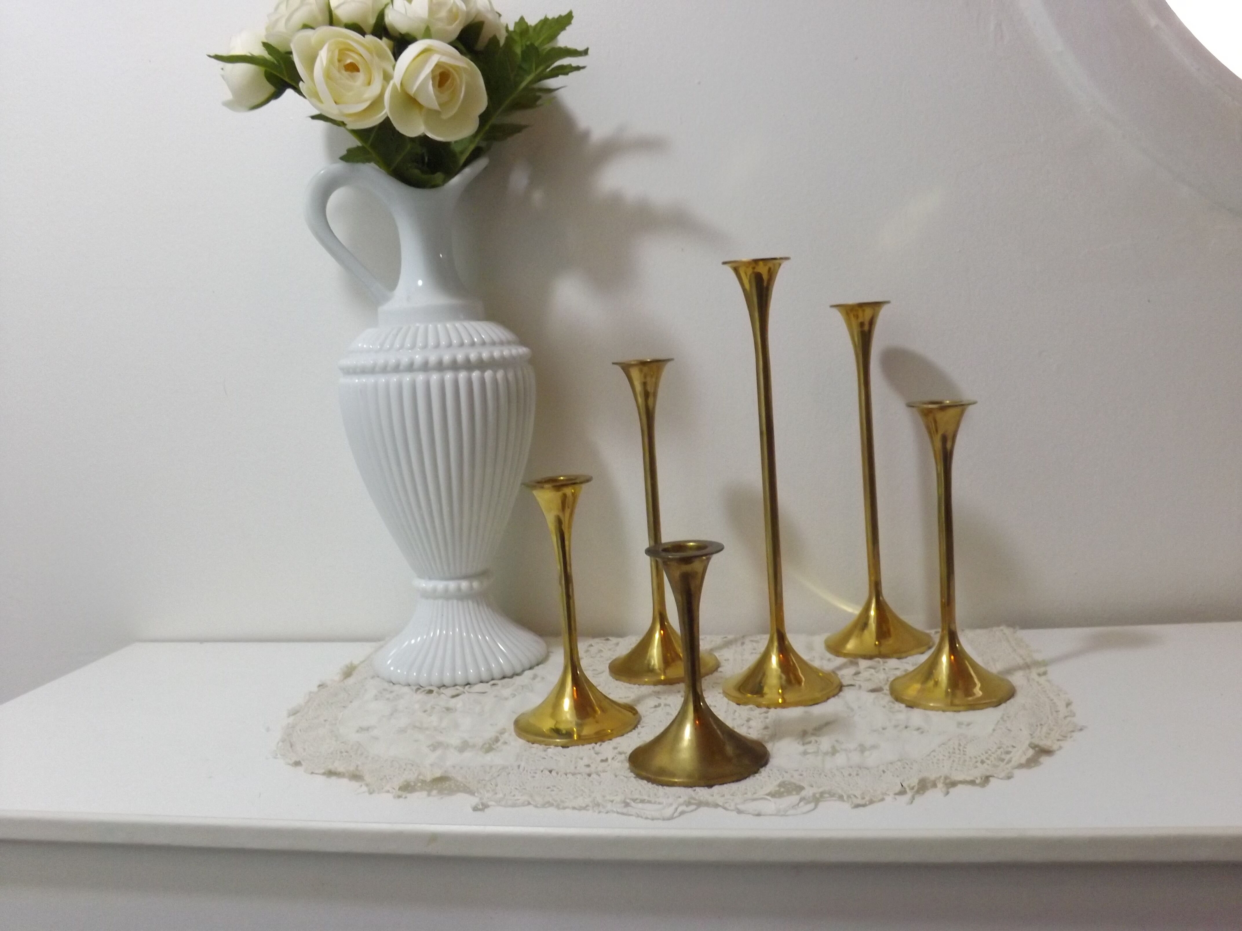 Set of 6 old brass and gold metal candlesticks