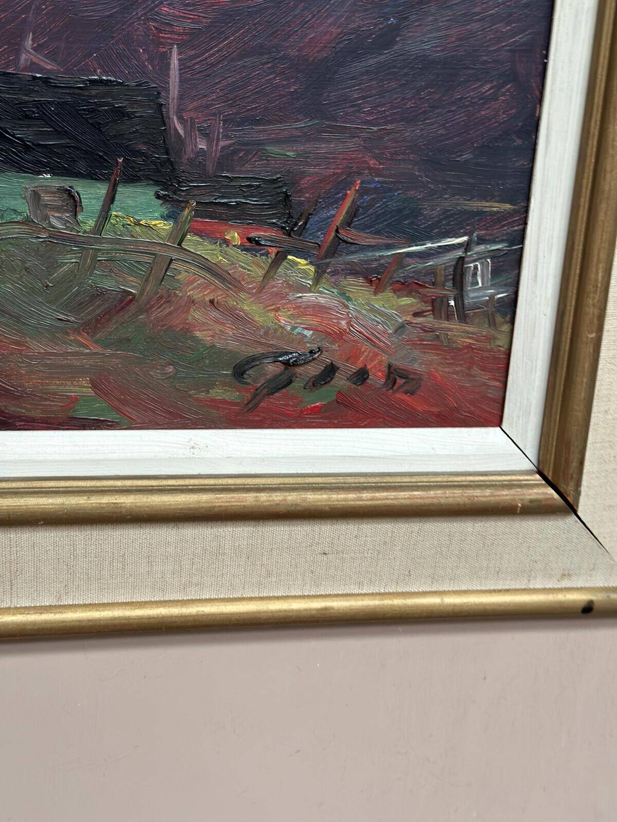 Original Swedish Oil on Panel – “Huts” – Vintage & Framed – 77 × 41 cm