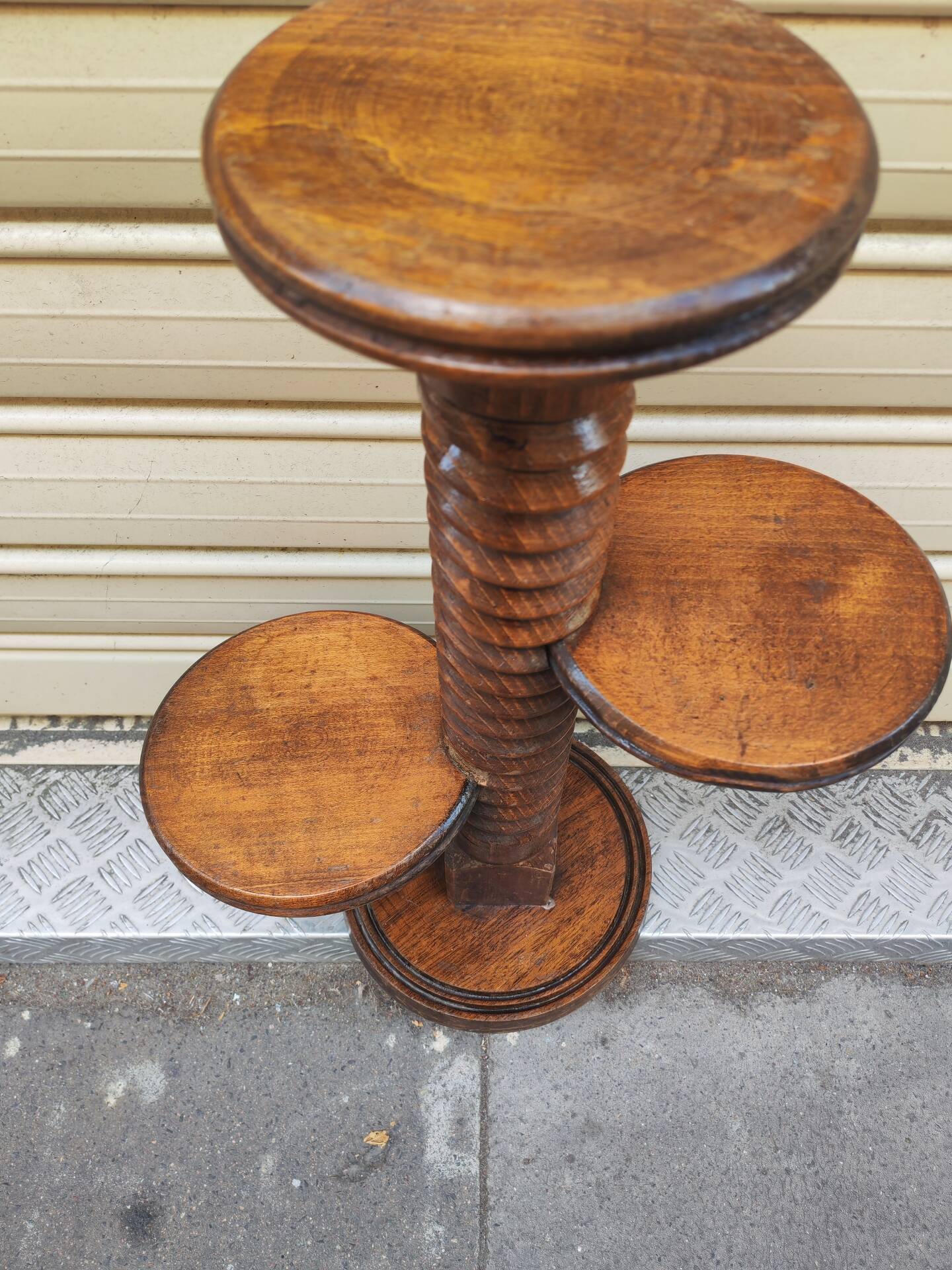 Turned wooden gueridon side table, solid turned, Charles Dudouyt style, 1960.