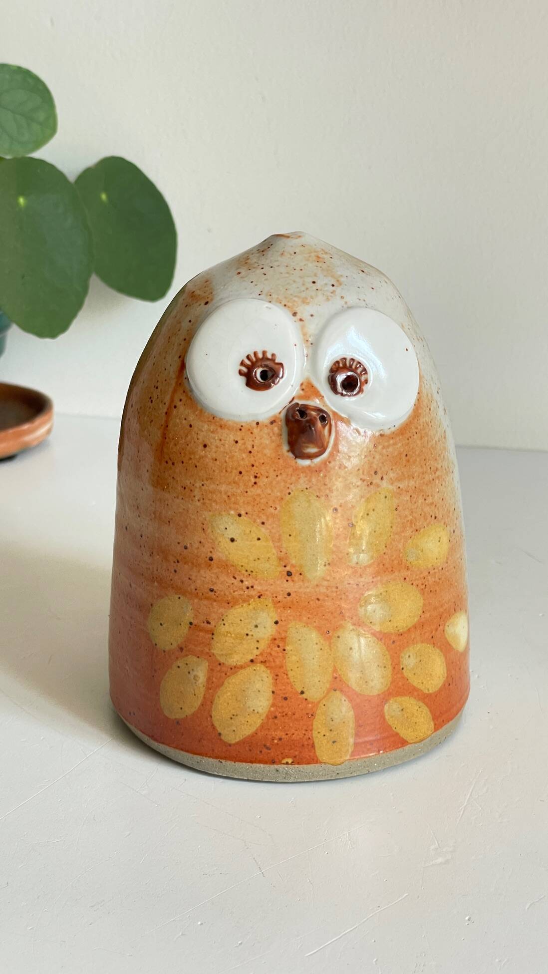 Vintage enameled stoneware owl money box