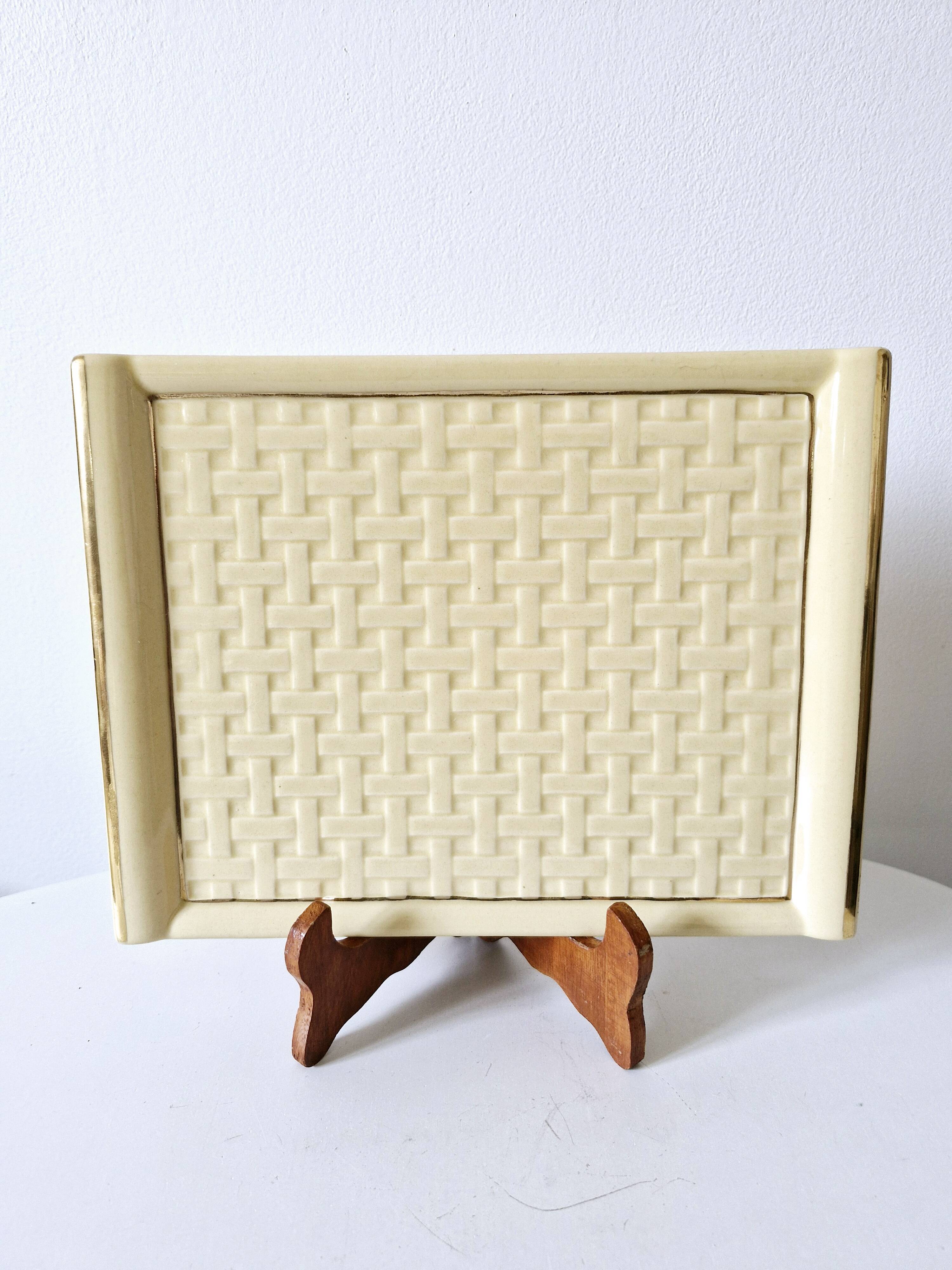 Plateau Poët Laval 1950s yellow straw ceramic with woven patterns.