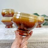 4 speckled two-tone lion head ceramic bowls – Émile Henry style – vintage stoneware made in France