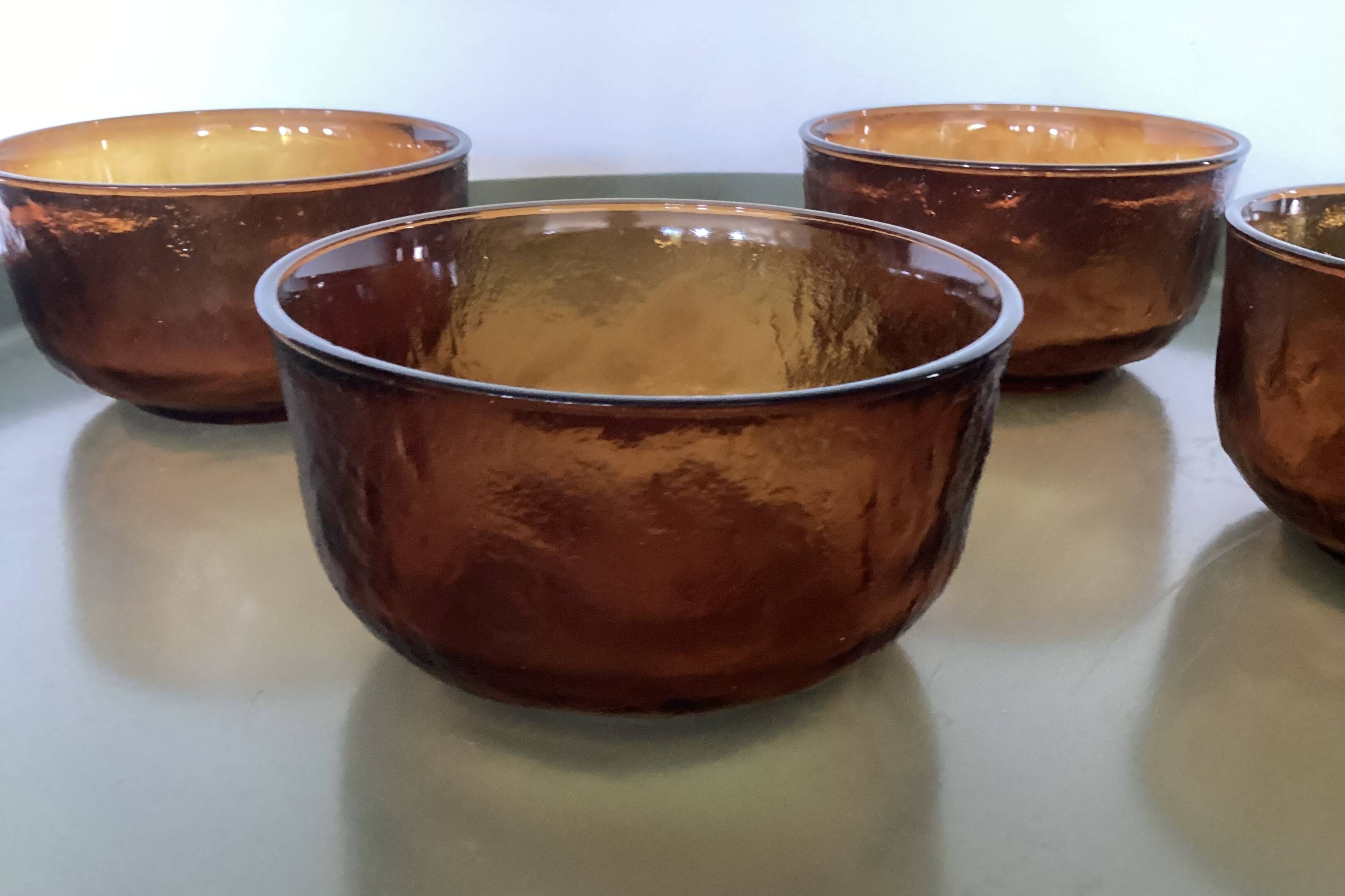 4 Vintage Lever Textured Amber Glass Bowls