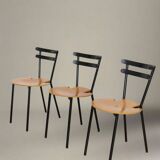 Set of 3 Italian mid-century chairs in black steel frame and natural wood seats - stackable, 1970s