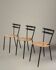 Set of 3 Italian mid-century chairs in black steel frame and natural wood seats - stackable, 1970s