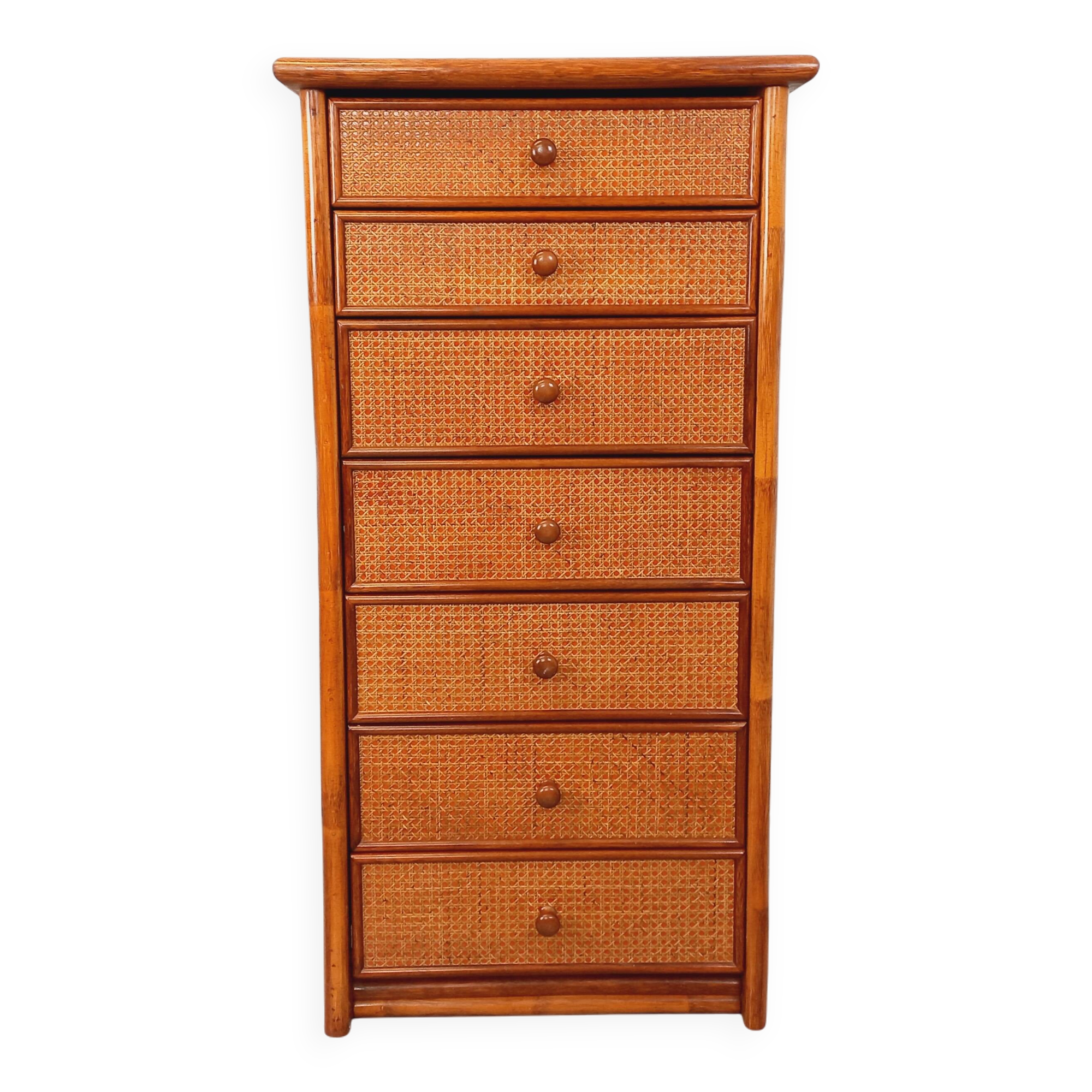 Vintage chest of drawers in rattan, wood and cane