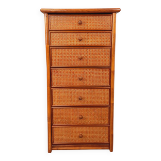 Commode chiffonnier semainier vintage en rotin, bois et cannage