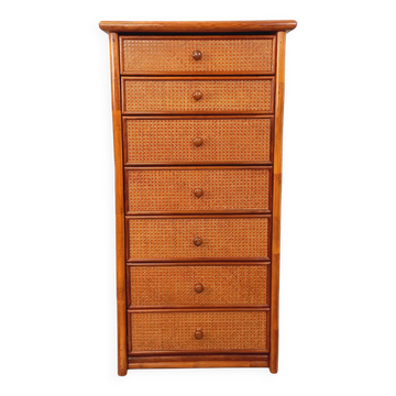 Vintage chest of drawers in rattan, wood and cane