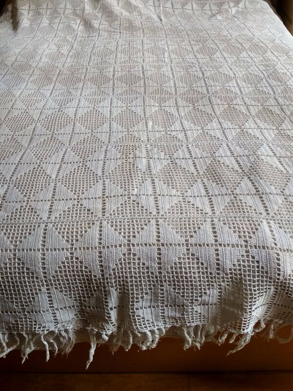 Dessus de lit en coton blanc , Ancien jeté de lit en crochet , couvre lit coton blanc
