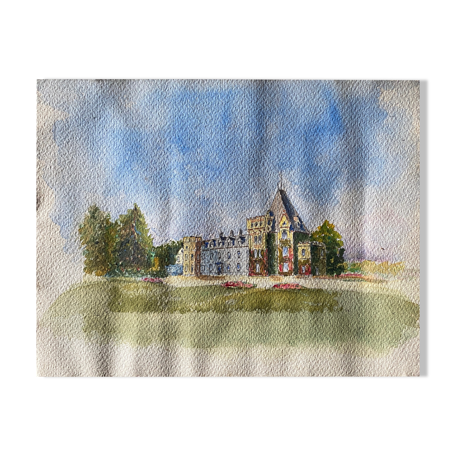 Old watercolor painting "The Castle" with trees