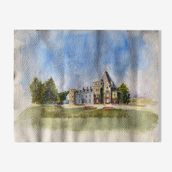 Old watercolor painting "The Castle" with trees