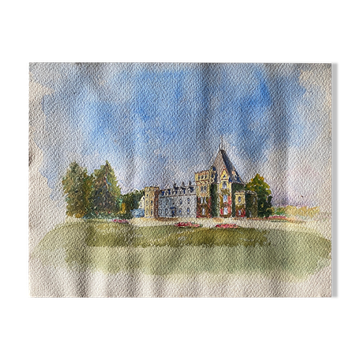 Old watercolor painting "The Castle" with trees