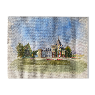 Old watercolor painting "The Castle" with trees