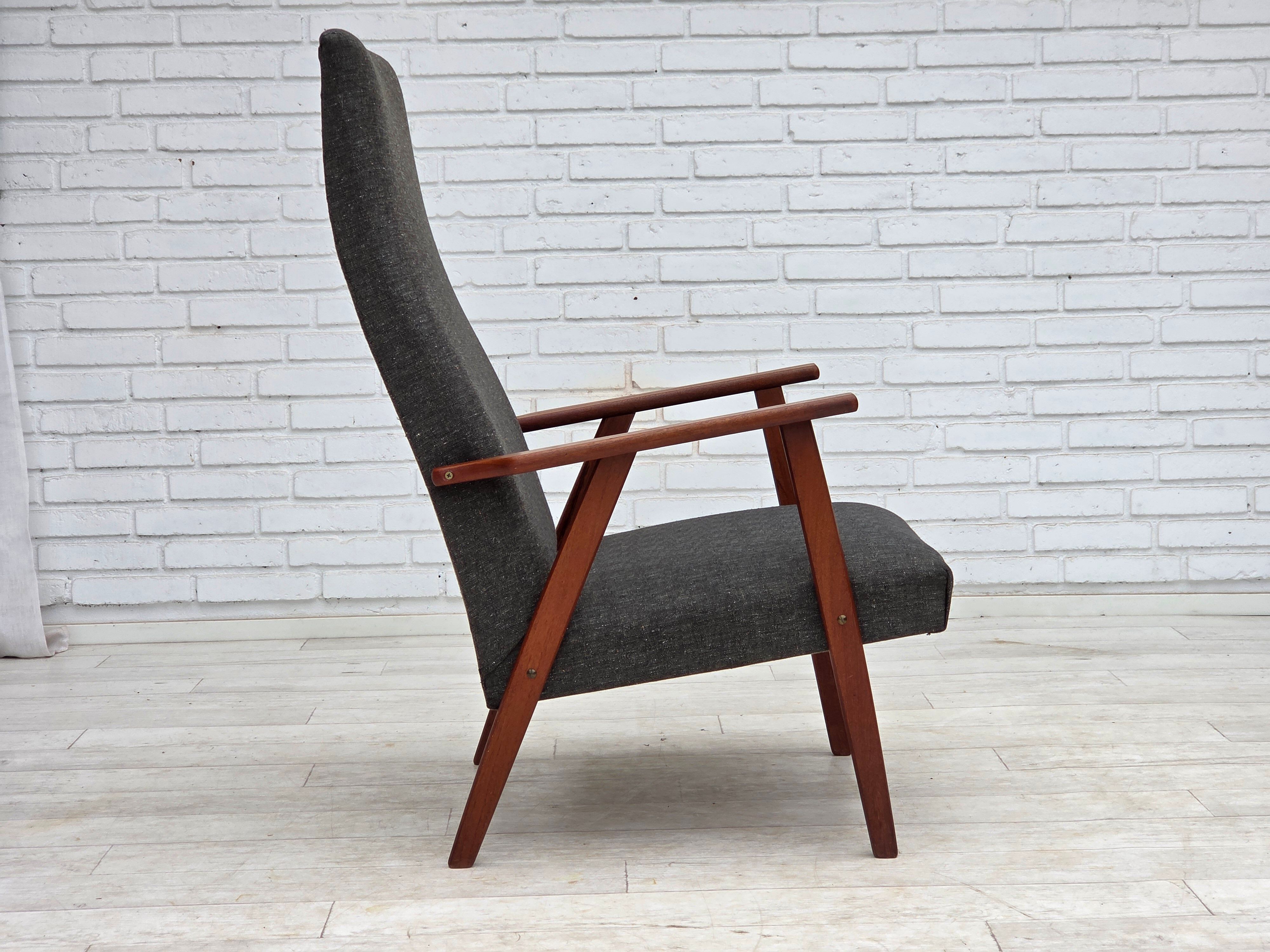 1970s, Danish highback armchair, furniture fabric, teak wood.