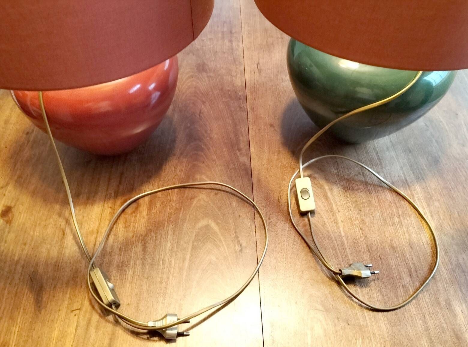 Pair of red and green ceramic lamps