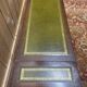 English Regency coffee table, mahogany & green stamped leather with gold.