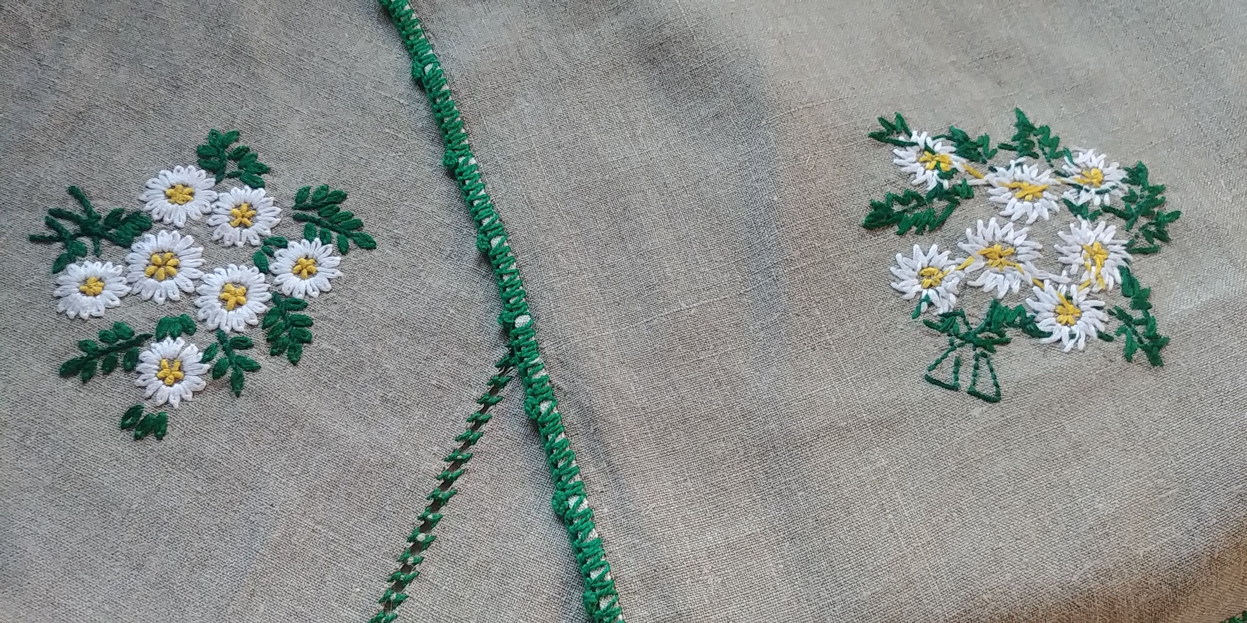 Hand embroidered linen tablecloth