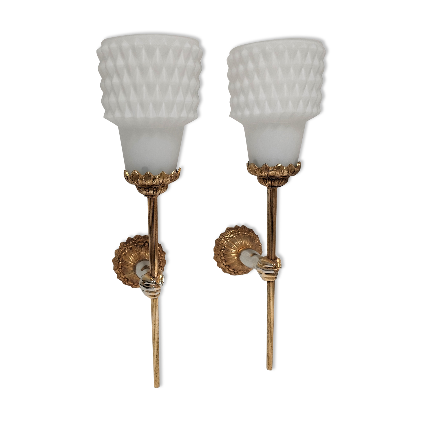 Pair of vintage patinated golden metal hand sconces