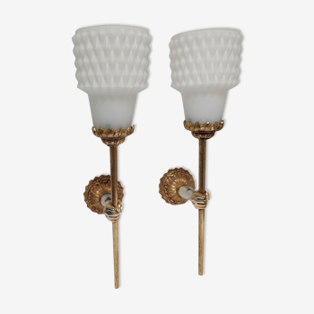Pair of vintage patinated golden metal hand sconces