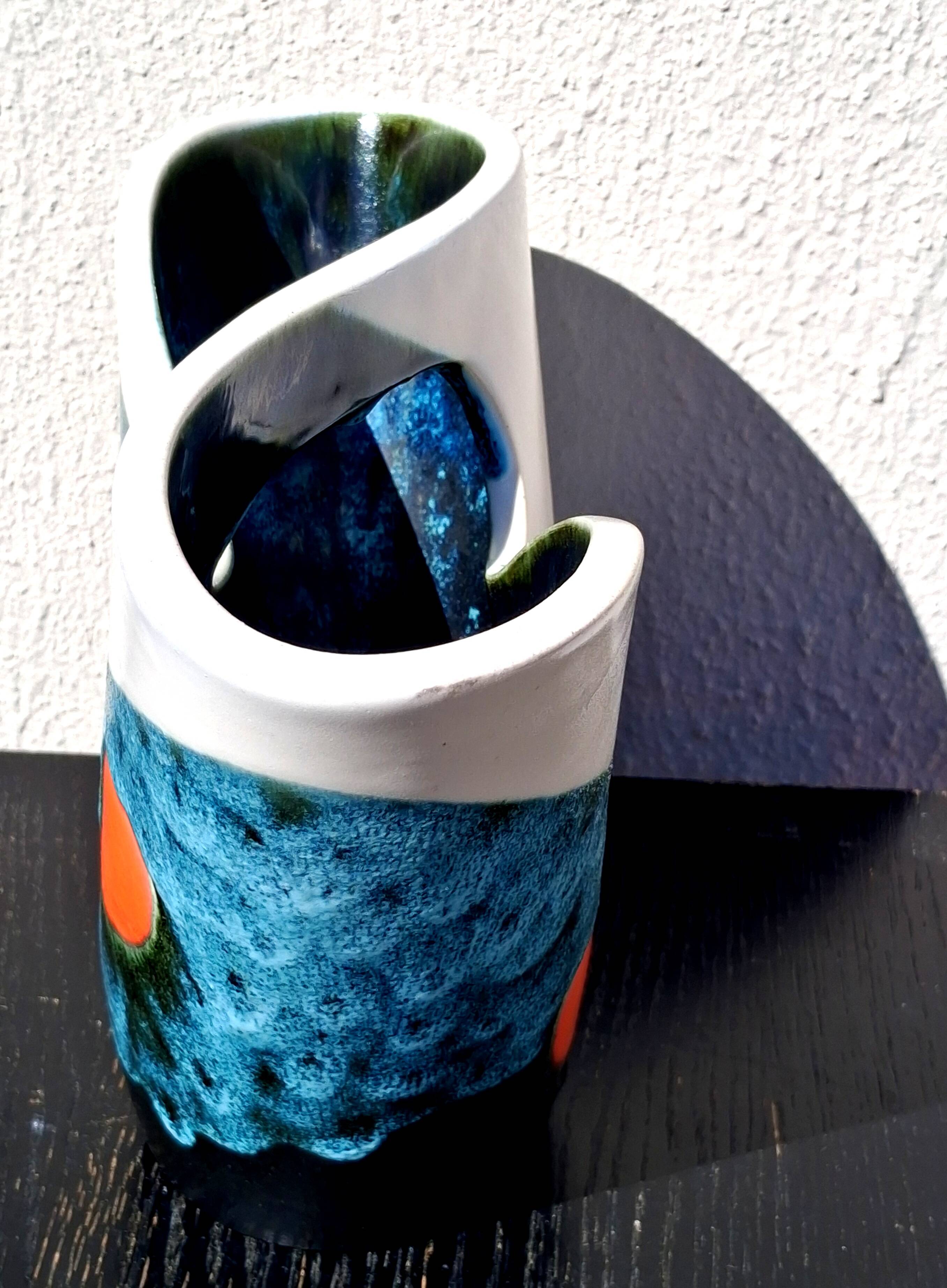 Tricolour vase, vintage seventies design, signed Elchinger, Vallauris.