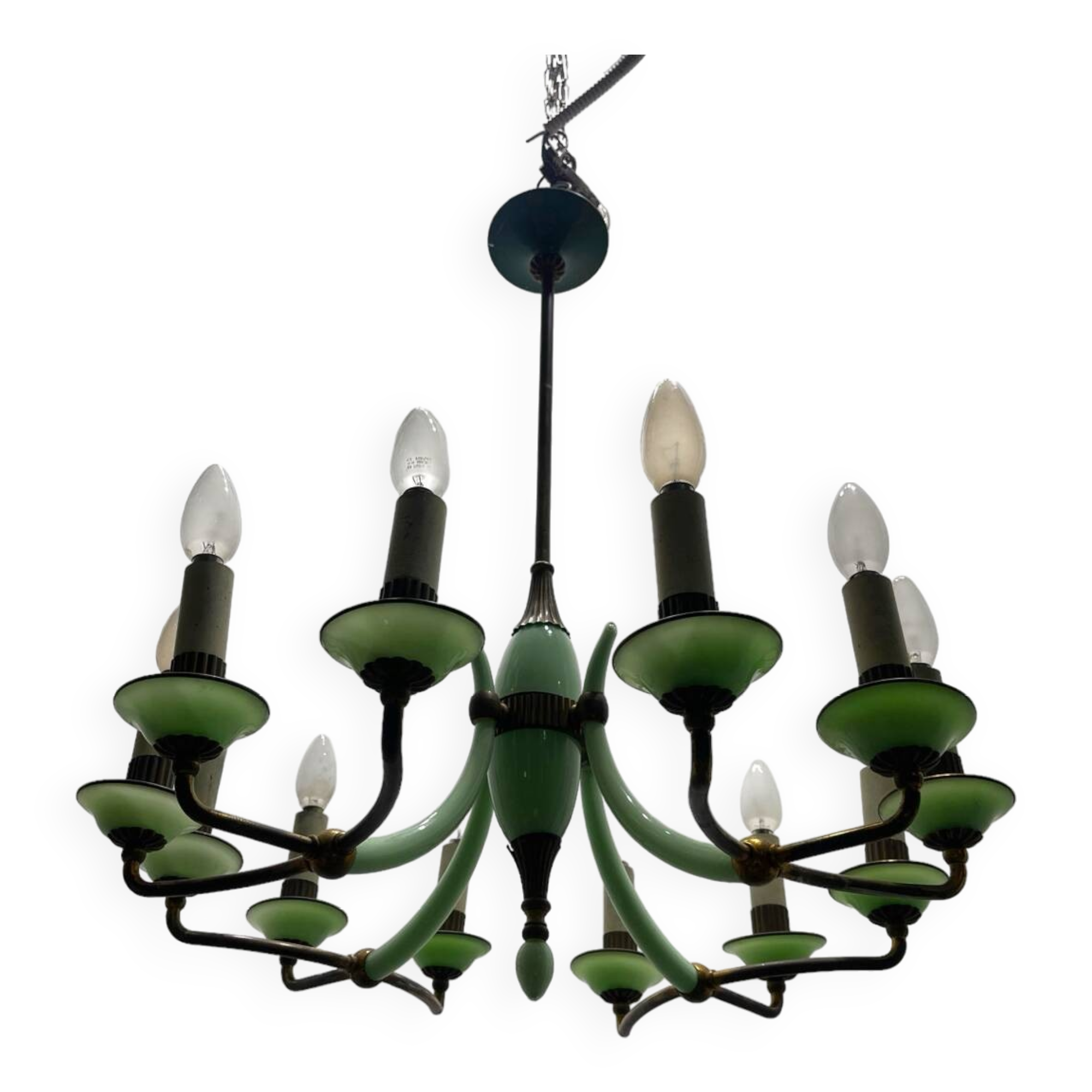 1950’s Opaline Glass Bronze Chandelier
