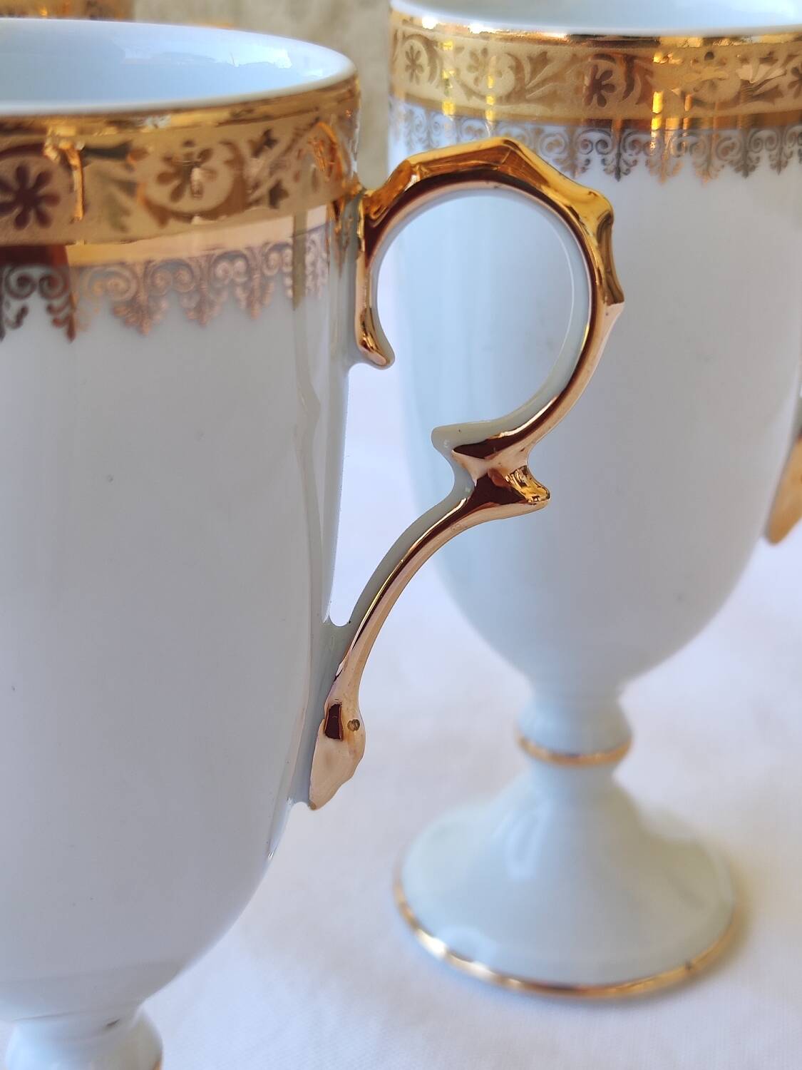 6 tall cups - Empire style - white and gold Limoges porcelain