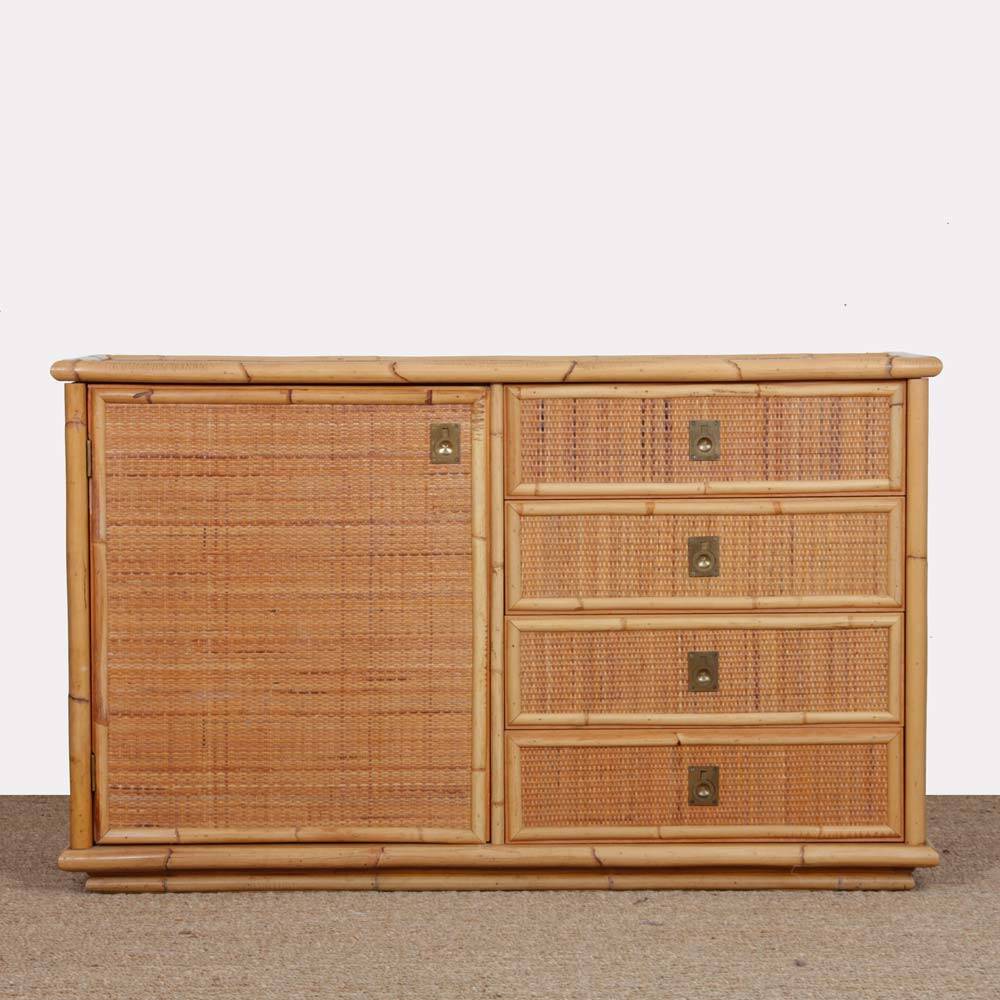 Vintage wicker, bamboo and brass chest of drawers by Dal Vera, 1970.