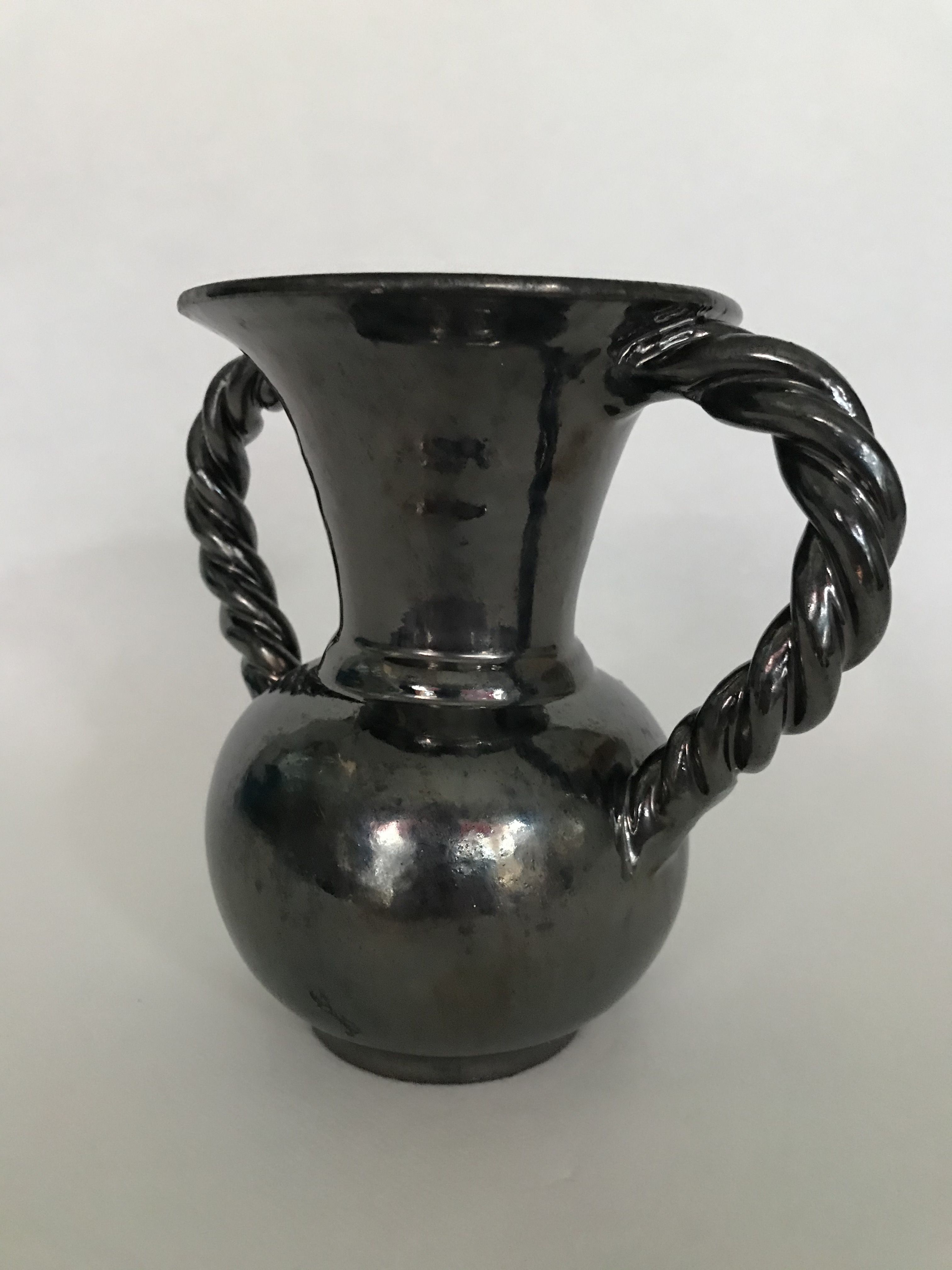 Black vase with twisted handles signed Blaise Rubino in Vallauris, circa 1950/1960