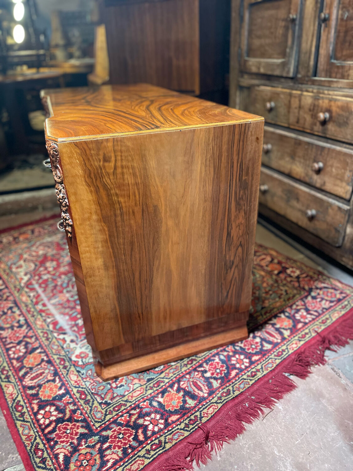 Art deco vintage brocante burr walnut desk carved 1920-1930