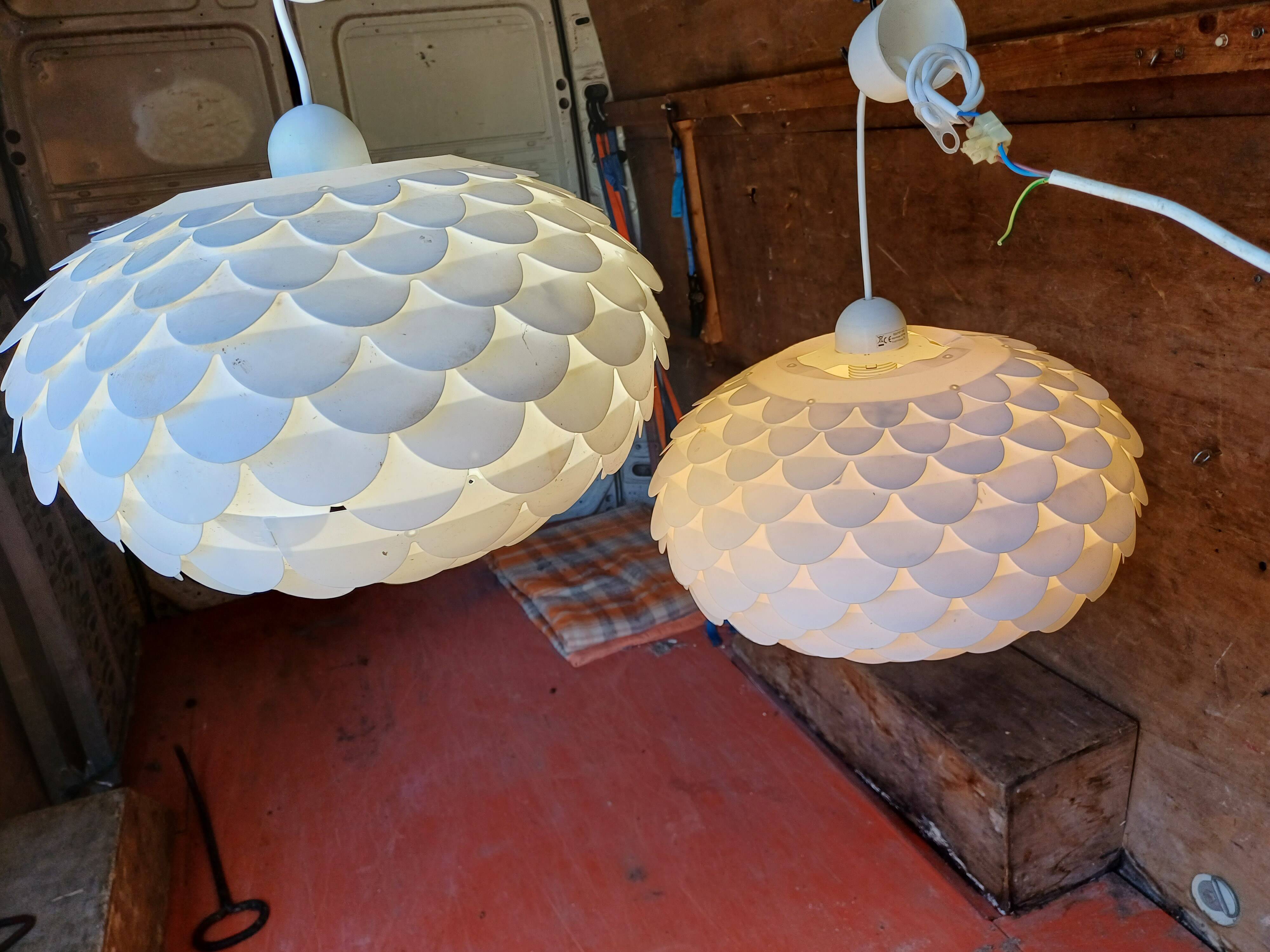 Pair of vintage white plastic pendant lights
