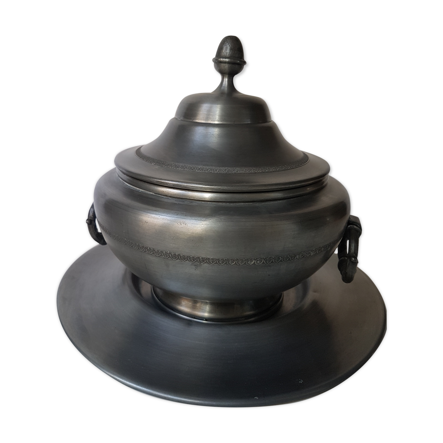 Soup tureen on a pewter serving dish