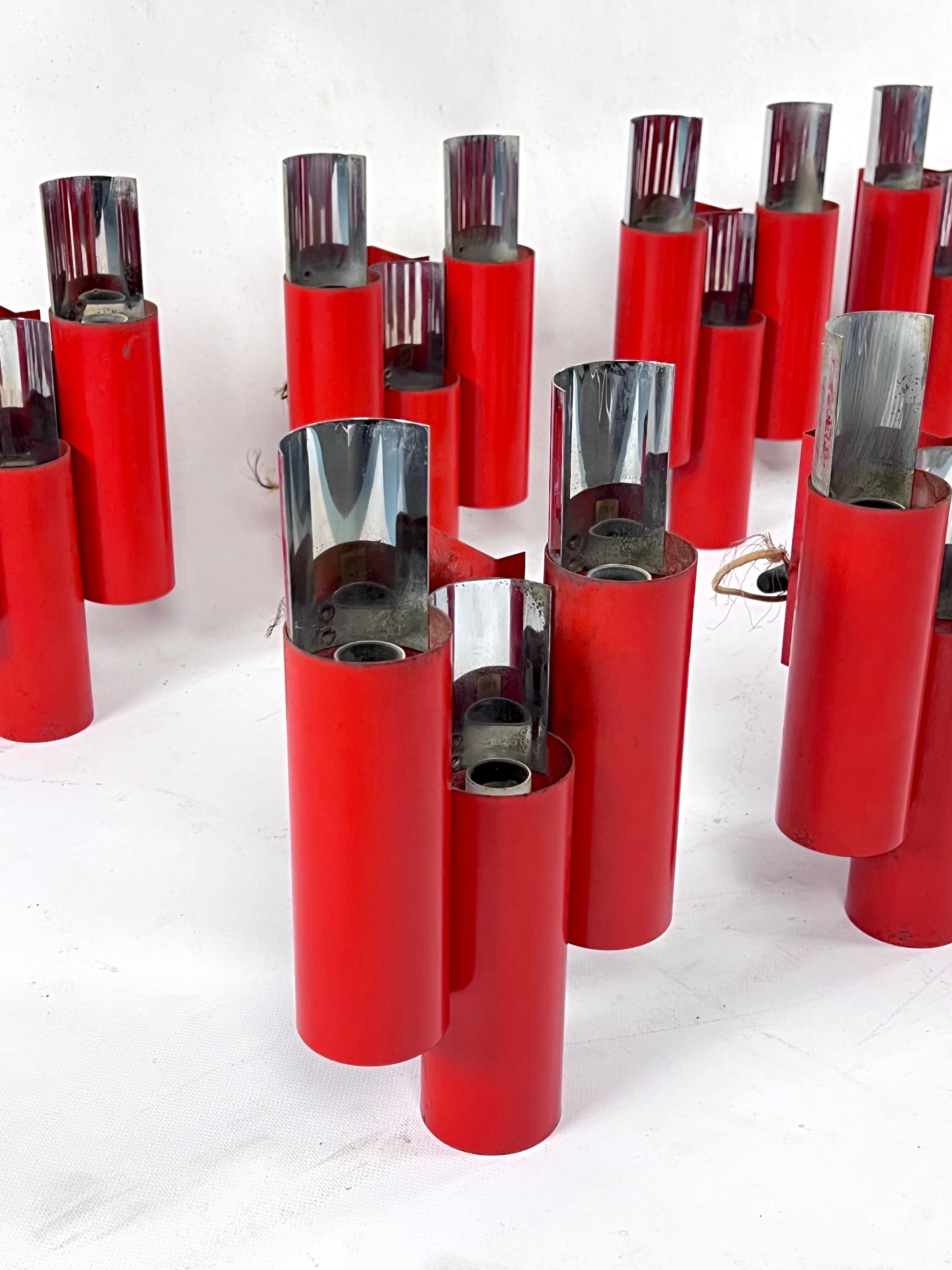 Set of 10 mid-century red and chrome wall lamps by Stilnovo, Italy 1970s