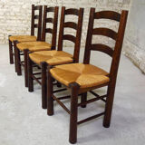 Series of 4 wooden chairs and straw