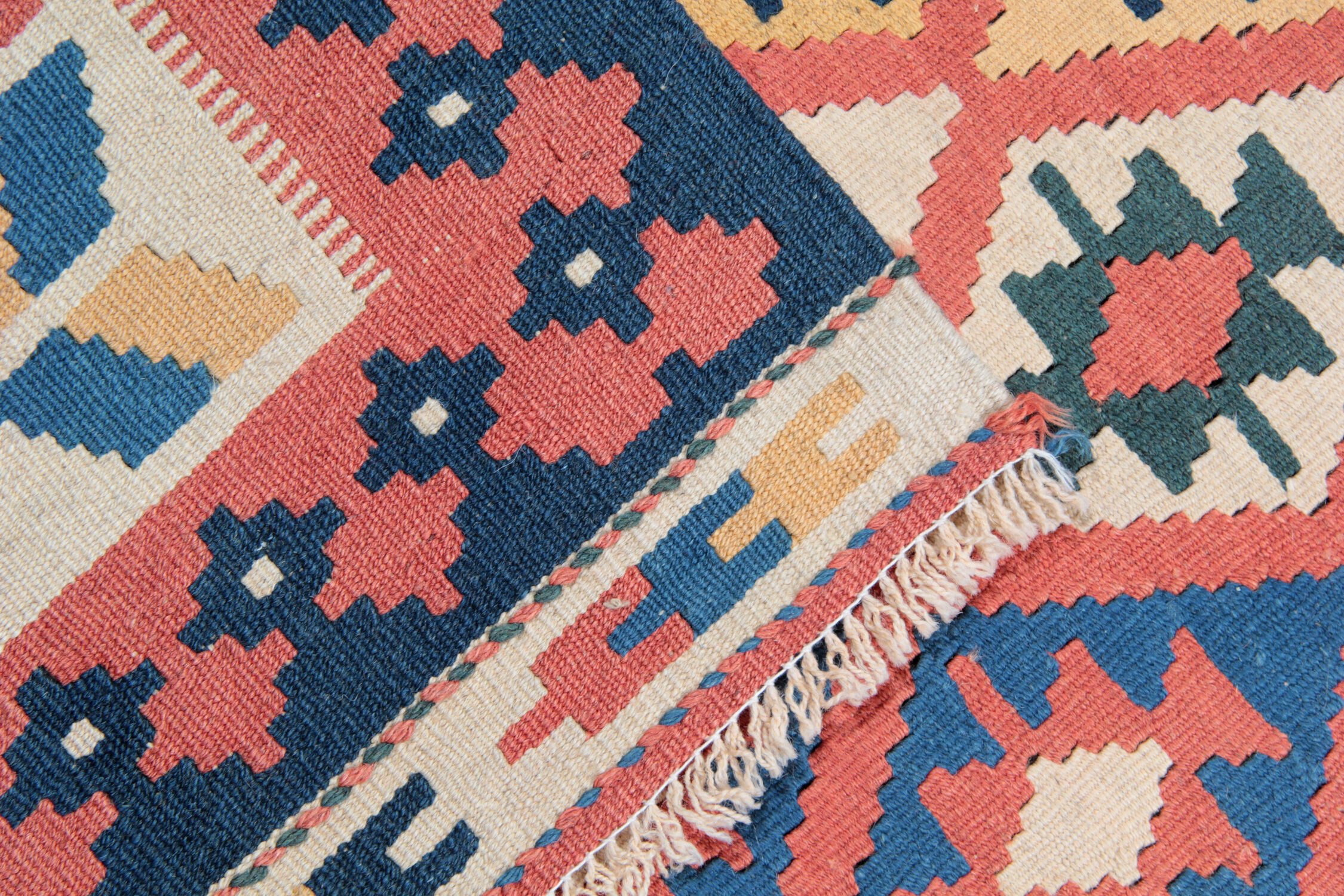 Persian kilim, handwoven oriental qashqai flat woven wool rug- 207x296cm