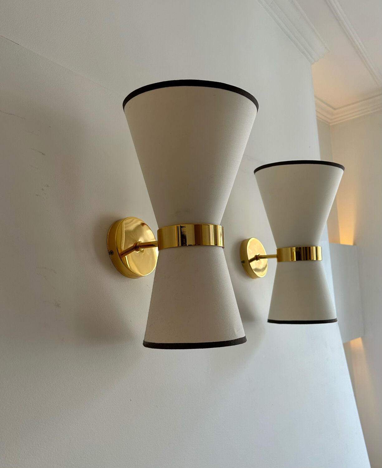 Pair of vintage wall lamps, brass and unbleached fabric, Italy 1980