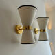 Pair of vintage wall lamps, brass and unbleached fabric, Italy 1980