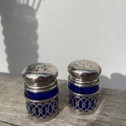 Silver-plated metal and blue glass salt and pepper shaker