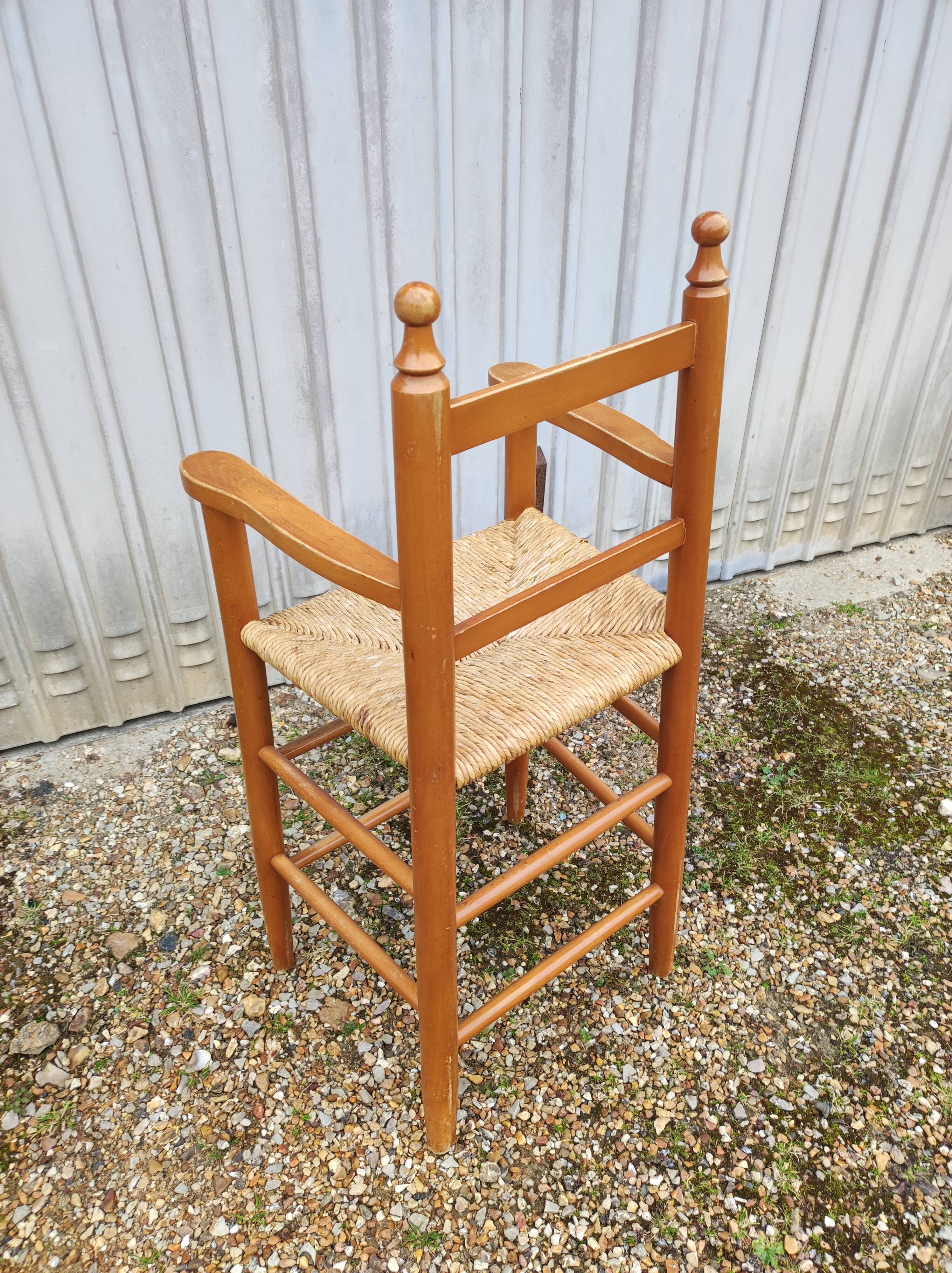 Chair armchair high child wood seat straw vintage