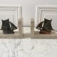 Pair of bookends boats in marble and steel 50s