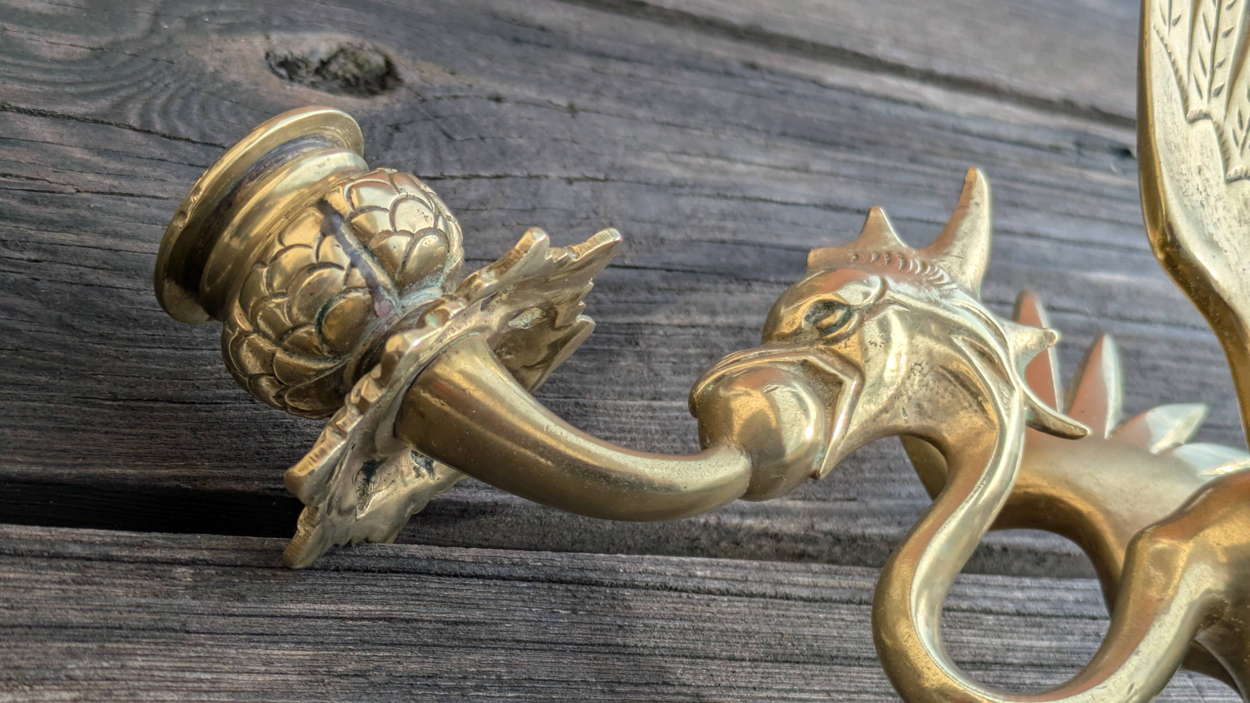 Large Brass Candlestick - Mythological Winged Griffin Dragon - Gothic